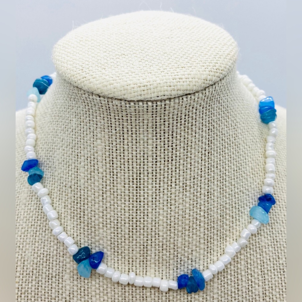 White/l Blue Beaded Choker Necklace Boho Y2K Essential  Coastal  Cowgirl Preppy